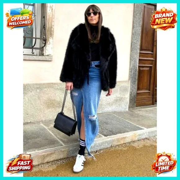 Faux Fur Jacket Oversized Lapel Collar Winter Coat Chic Y2K Retro Style - Picture 6 of 7